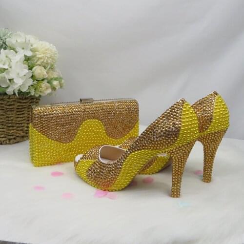 LoveinCrystal Golden Women Party Dress Shoes Pumps Summer Yellow Peep Toe Ladies Sandals Wedding Shoes and bag Bride High Hells