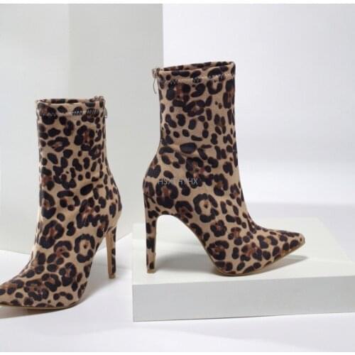 2021 Suede Pointed Toe Women Ankle Boots Leopard Fashion Hoof High Heel All Match Short Woman Shoes Fur Boots Size 35-42