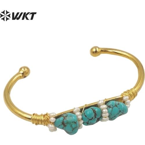WT-B574 Amazing women fashion gold wire wrapped natural turquoise bangle bohemian brass metal handmade stone open size bangle