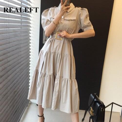 REALEFT Summer 2021 New Stylish Cargo Womens Long Dress with Belted Chic Puff Sleeve Casual Loose Female Korean A-Line Dress