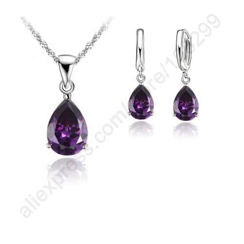 Fast Ship Romantic 925 Sterling Silver Jewelry Sets Chain Cubic Zirconia CZ Pendant Hoop Earring 925 Sterling Silver Necklace