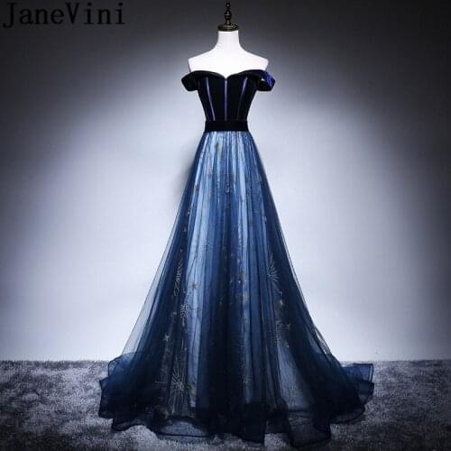 JaneVini Elegant Evening Dress Long Prom Dresses 2019 Off Shoulder Deep Blue Tulle Star Lace Velvet Party Gown Robe De Soiree