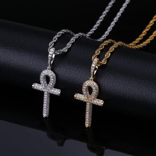 Solid Back Ankh Cross Necklaces Mens Women Hip Hop Gold Silver Color Pendant Necklace Iced Out AAA+ Bling CZ Stone Jewelry Gifts