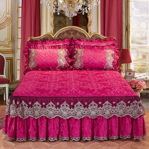 Home Textile Velvet Thick Bed Sheet Pillowcases Set Luxury Solid Princess Bedding Bed Skirt 1/3pcs Lace Bedspread Mattress Cover
