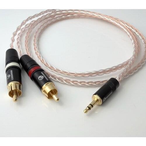 One Meter3.5mm TO 2 RCA Male 8cores Litz braid PCOCC Hybrid Silver plated cable HIFI Audio Adapter Cable