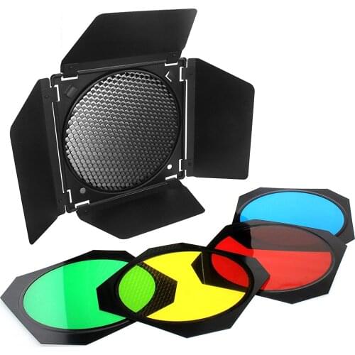 Godox BD-04 Barn Door Barndoor with Honeycomb Grid and 4 Color Gel Filters (Red Yellow Blue Green) for 7" Standard Reflector