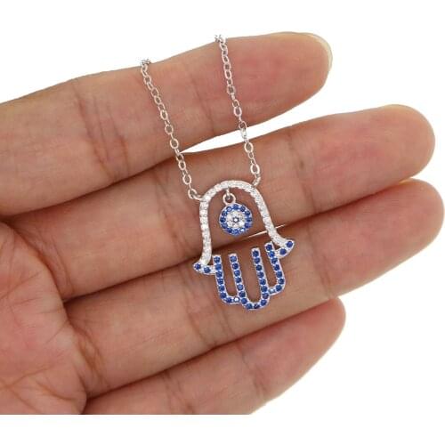 Fine 925 sterling silver jewelry Turkish lucky evil eye charm blue white cz hamsa hand Fatimas hand pendant necklace 925