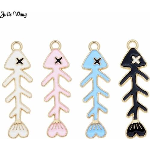 Julie Wang 4pcs 12pcs Mix Color Alloy Enamel Fishbone Charm Gold Tone Fish bone Bracelet Earrings Pendant Jewelry DIY Findings