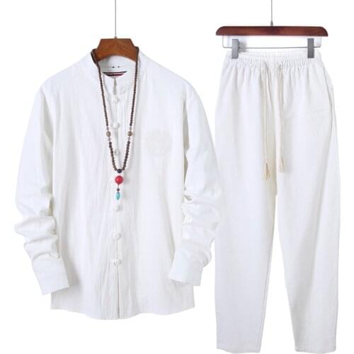 2021 Men Cotton Linen Embroidery Hanfu Sets Mens Kung Fu Chinese Style Suit Men Traditional Tang Tops + Pants Clothes