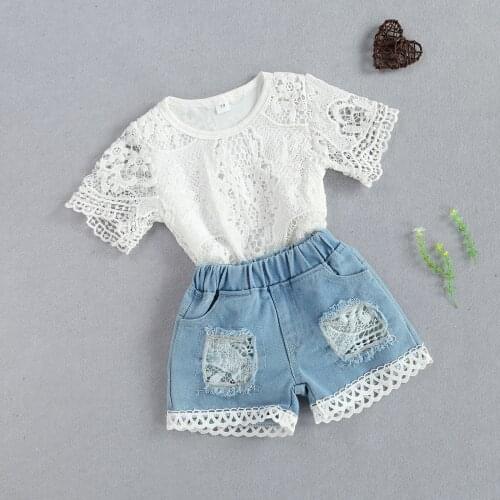 2Pcs Baby Girls Outfit, Summer Breathable Round Collar Short Sleeve Hollow Lace Romper + Ripped Denim Shorts Set 2021 New Style