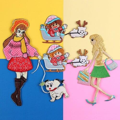 Cartoon fashion girl Patches for Clothes Winter sled Embroidery Dog walking girl Appliques Diy Child Clothing Accessories