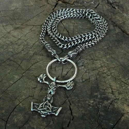 Men stainless steel necklace viking raven head with thors hammer mjolnir pendant norse talisman ethnic jewelry