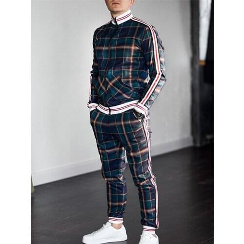 New Men Two Piece Set Sports Casual Suit Fashion Casual Zipper Stand Collar Jacket Men Suit Mens 3d Plaid Sports Slim-fit Suit