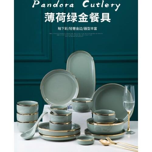 Bowl and Dish Set Household Nordic Light Luxury Mint Green Gold Rimmed Tableware Ceramic Bowl and Plate Combination Internet
