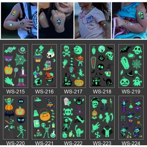 Childrens Halloween Luminous Tattoos Set Kids Glitter Temporary Tattoo Stickers Skull Pumpkin Ghost Luminous Decor Cartoon Toy