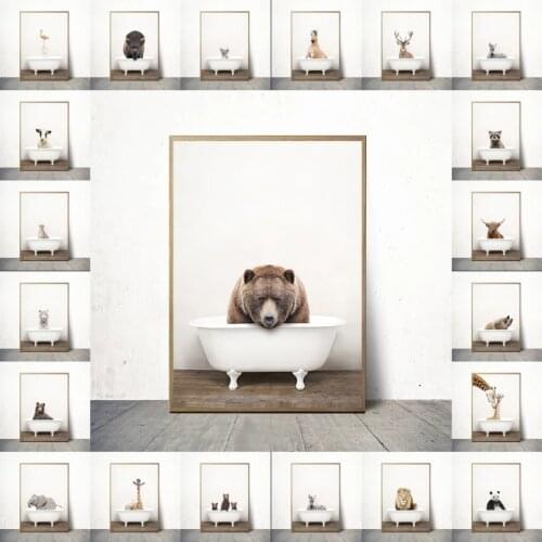 Baby Animal Elephant Lion Zebra Bathtub Nursery Wall Art Canvas Painting Posters Prints Picture Bathroom Toilet Kid Room Cuadros