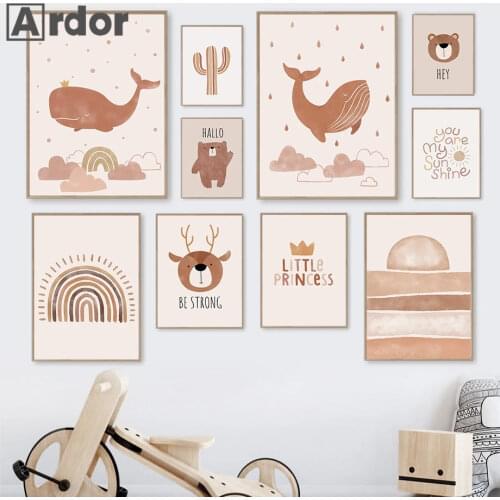 Boho Rainbow Deer Bear Whale Cactus Wall Art Poster And Print Crown Little Princess Quotes Canvas Painting Baby Kids Room Decor