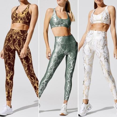 New Ins Yoga Set For Women Metallic Snake Print Running Sports Suit High Waist Pants Sports Bras Workout Set Gym Clothing