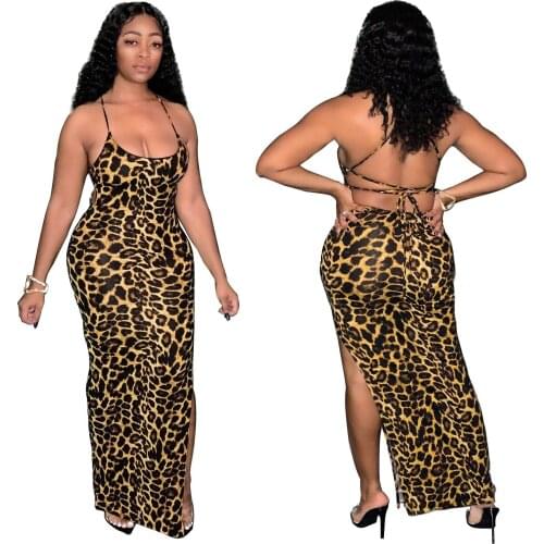 New Sexy Club Night Party Vestidos Women Leopard Print Spaghetti Strap Open Back Maxi Long Bodycon Dress