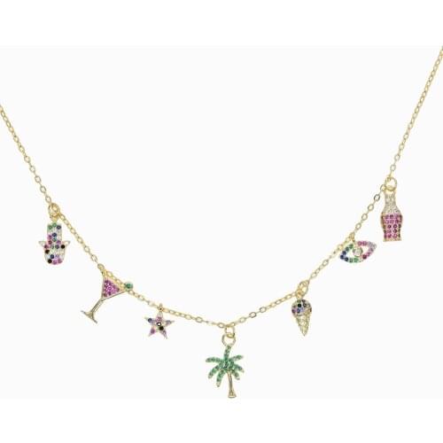 Wholesale beach styles shiny color charm choker necklace with rainbow color cz paved tree eye hamsa cup charm pendant necklace