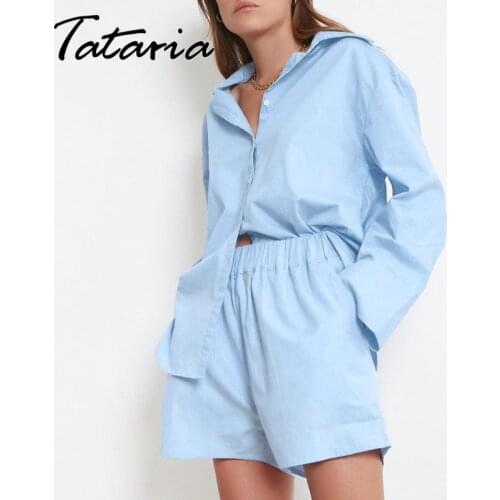 Blue Pure Cotton Shirts Suits Autumn Women White Shirt Blouses Tops and Shorts Two Piece Sets Female Waisted Shorts Girls Set