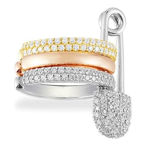 SLJELY Fashion 925 Sterling Silver Rose Gold 3 Tones Single Safety Pin Ear Bone Cuff Sliding Zircon Clip Earring 1pc for Women