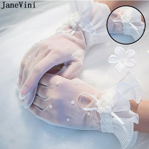JaneVini Romantic Ivory Tulle Wedding Hand Gloves Full Finger Short Bridal Gloves Pearls Wrist Length Women Wedding Accessories