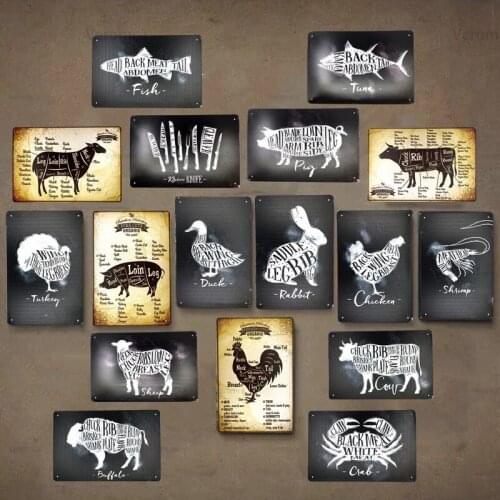 Pig Chicken Beef Cuts Organic Free Range Plaque Animals Vintage Metal Poster Kitchen Supermarket Wall Art Iron Painting Tin Sign