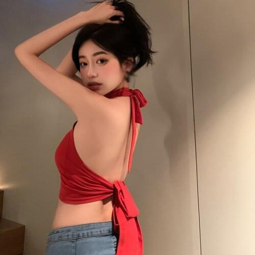 Women Halter Off Shoulder Female Crop Top Backless Sexy Summer Style Sleeveless Ladies Tanks Red Slim Tees Womens Clothing