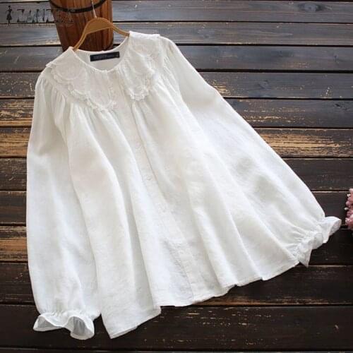 Women Long Sleeve Buttons Solid OL Blusas ZANZEA Elegant Blouse Spring Lace Crochet Shirt Casual Loose Tunic Tops Cotton Chemise