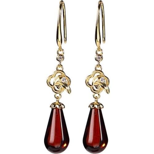 S925 sterling silver gold-plated natural blood amber earrings elegant bamboo leaf long womens ear hook earrings