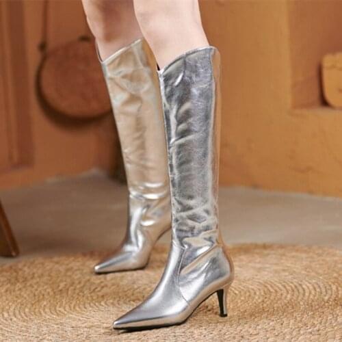 Stiletto Heel Fashion Boots 2021 Winter New Slip on Ladys Knee High Boots Silver High Heel Big Size 43
