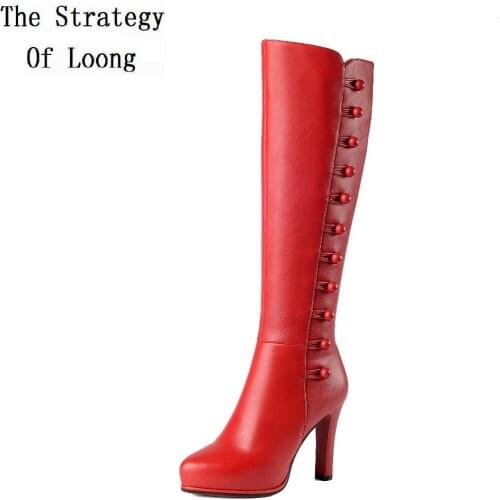 Genuine Leather Button Thin Heels Fashion Red Knee High Boots Real Leather Thick Warm Lady Winter Long Knight Boots 20170204
