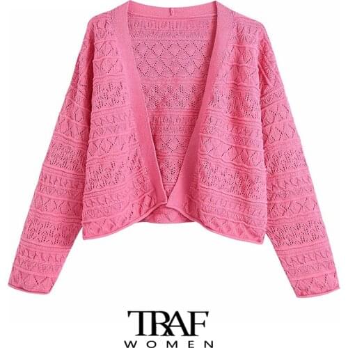 TRAF Za Women Fashion Textured Weave Loose Knit Cardigan Sweater Vintage Long Sleeve Open Stitch Female Outerwear Chic Top