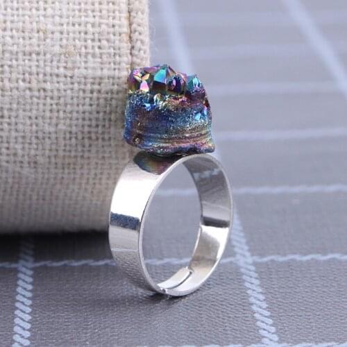 Retro Reiki Rock Mineral Ore Rainbow Plated Quartz Open Rings Real Natural Agates Quartz Rings Party Wedding Jewelry Women Male