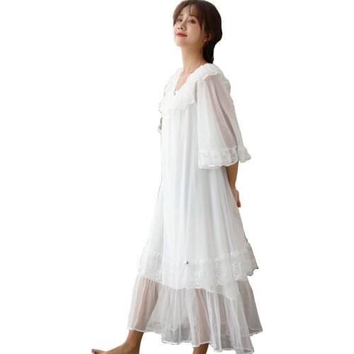 Female Cute Sexy Big Size Loose Lace Home Dress Princess Court Half Women Sleepwear Solid Round Neck Sleepshirts Sleeping Dress
