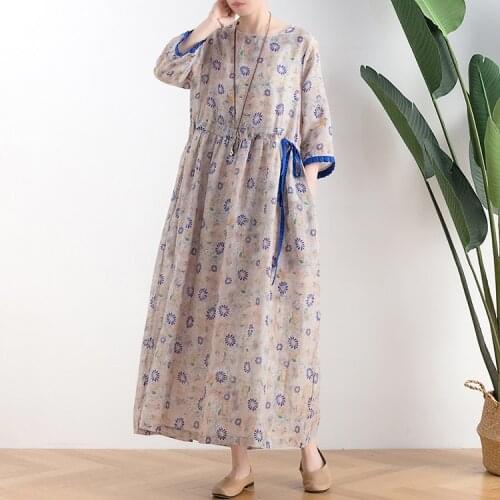 Vintage Ramie A line Womens Dresses Print Floral 2020 Summer Autumn High Quality Female Robe Longue ete Femme Plus Size vestidos
