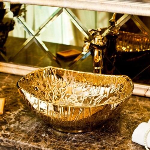 Gold oval Procelain Handmade Artistc Ceramic Lavabo Bathroom Vessel Sinks Green Bathroom Sink
