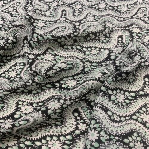 140CM Wide 18MM Traditional Print Black Green Silk Crepe de Chine Fabric for Summer Dress Shirt Cheongsam Suit Pants G016