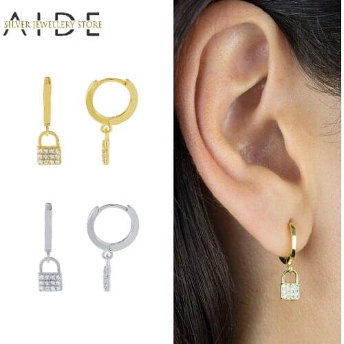 AIDE Exquisite Lock Zircon Pendant Hoop Earrings for Women Girl Gift Piercing 925 Sterling Silver Earrings Pendientes kolczyki