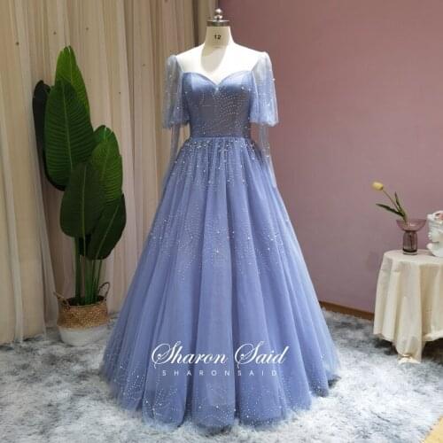Sky Blue Tulle Ball Gown Prom Dresses Long Sleeve Luxury Crystal Dubai Evening Party Gowns Sweet 16 Girls Quinceanera Dress