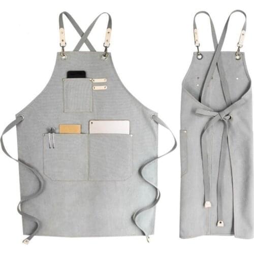 Lint-free Chef Apron Cotton Canvas Cross Back Adjustable Apron with 3 Multipurpose Pockets for Kitchen cooking