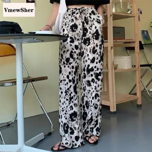 VmewSher New Autumn Summer Women Long Casual High Waist Pants Leopard Print Trousers Ladies Pockets High Street Wide Leg Pants