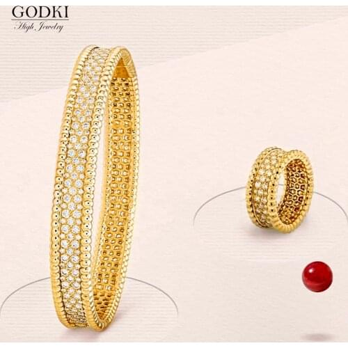 GODKI Trendy Luxury Crossover Statement Bangle Cuff Ring Sets Jewelry Set For Women Wedding Cubic ZirconIA Dubai Party Bracelet