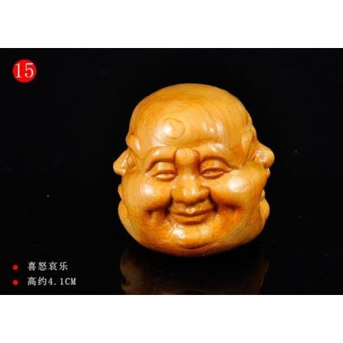 Chinese Wood 4 face happy angry sad joyous Maitreya Buddha Head Statue