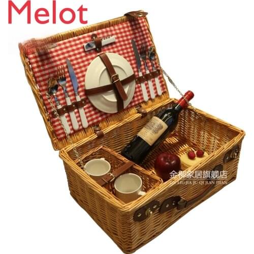 Picnic Basket with Tableware Rattan Spring Outing Storage Basket Picnic Outing Supplies Full Set Outdoor Convenient Family Art