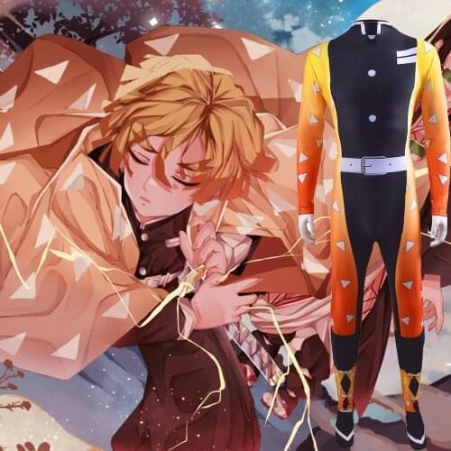Japanese Anime Demon Slayer Costume Cosplay Spandex Zentai Agatsuma Zenitsu Cosplay Bodysuit Disfraces De Halloween Costume