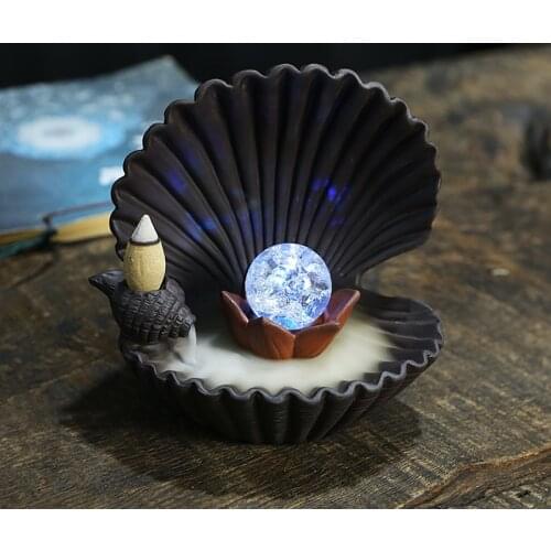 Smoke Incense Burner Ceramic Shell Shape Backflow Incense Holder 7-Color Change With Led Lamp Backflow Waterfall Cense Home Dec