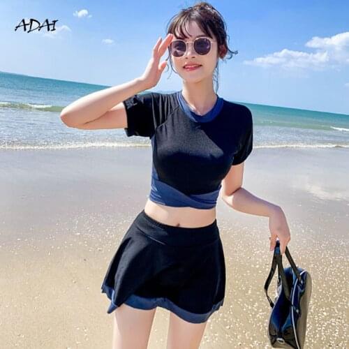 Cute Womens Swimwear 2021 2 Piece Swimsuit With Skirt Sleeves Bandage Bow-Knot Bikini Patchwork Swimming Bathing Suit Beachwear