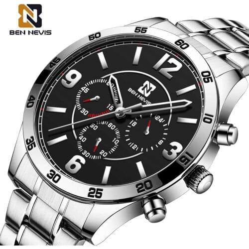 BEN NEVIS Mens Sports Watch Black 3 Small Sub Dial Silver Stainless Steel Chronograph Male Clock Relógios Masculino